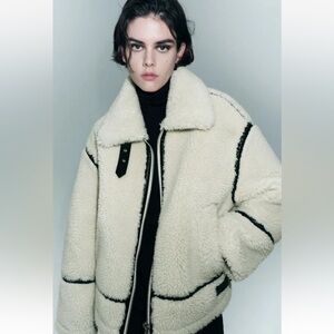 Zara Faux Cream Shearling Biker Jacket (Size Small)